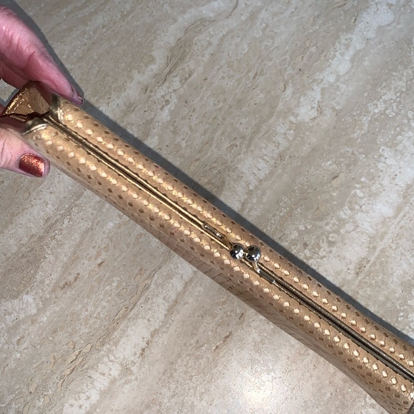 RODO metallic gold clutch, laser cut suede over satin, “kiss” lock. - Picture 6 of 17